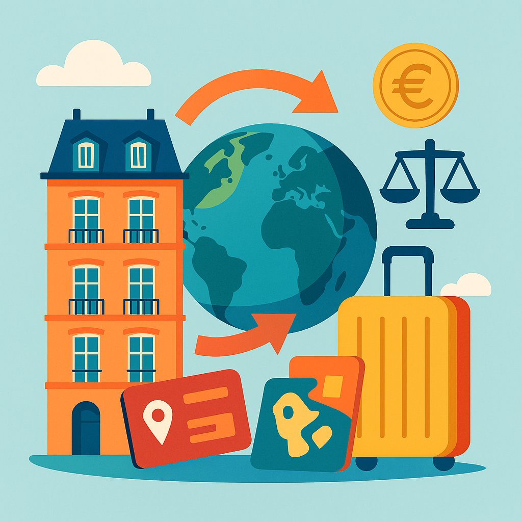 Obligations sociales des loueurs en meublé étrangers en France Illustration stylisée représentant un immeuble parisien, un globe terrestre et des symboles d'échanges internationaux liés à la location meublée