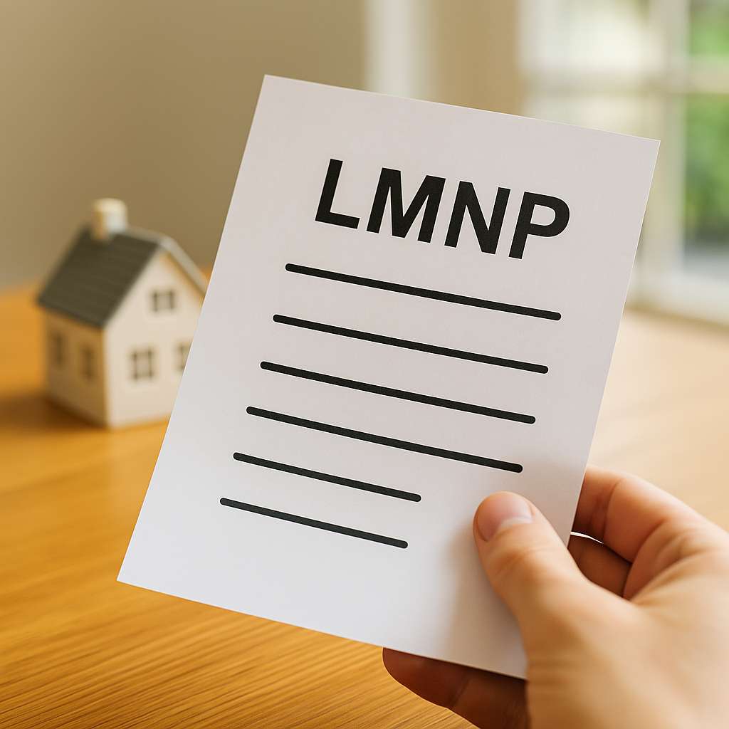 photo_lmnp_2025_web_optimized Personne tenant un document LMNP devant une maquette de maison sur une table en bois